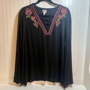 Como Vintage Black Blouse with Red and Pink Floral Embroidery